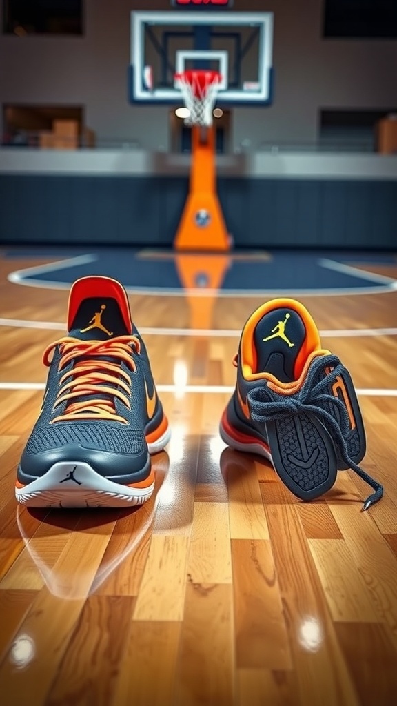 Stephen Curry 8 Basketball Shoes Stephen Curry 8 basketball shoes on a court with a basketball and hoop in the background.